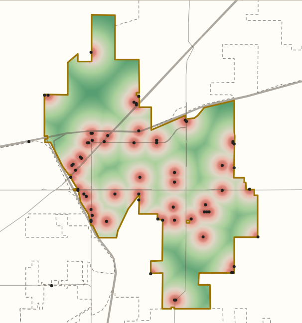 Heat map of Altoona shaded red near community-mapped cameras and green far from them, the map's default view.
