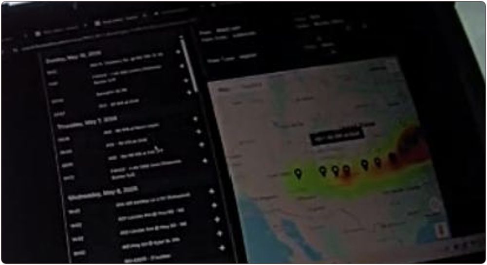 A blurry bodycam frame of a patrol-car laptop: a list of plate-reader sightings grouped by date on the left, and on the right a map of the southern United States with a row of pins and heat-map shading along the car's route.